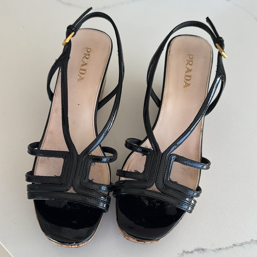Prada Black Patent Strappy Leather & Cork Wedge Platform Sandals shoes 37